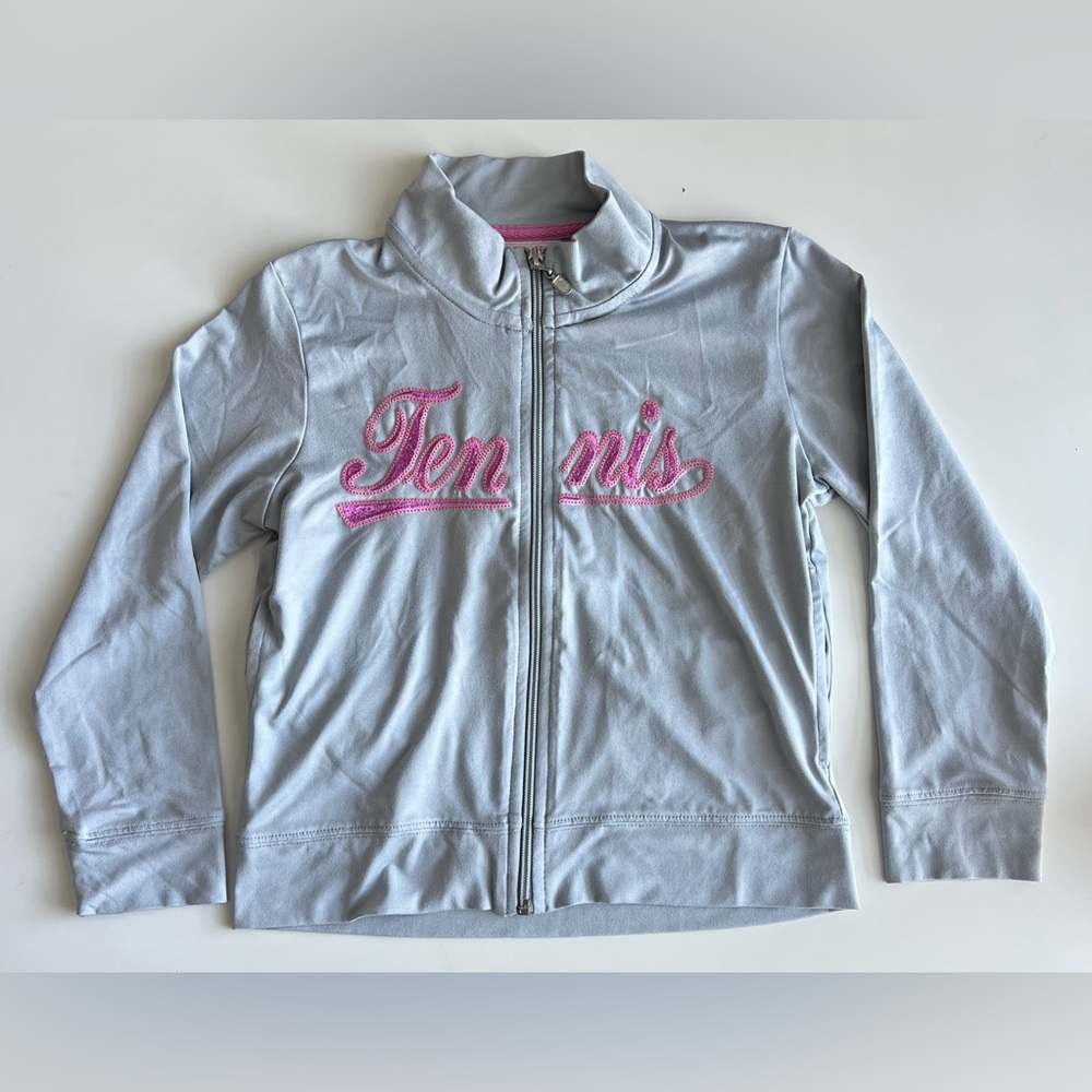 Little Miss Tennis Marilyn Kosten girls gray pink zip up long sleeve jacket XS